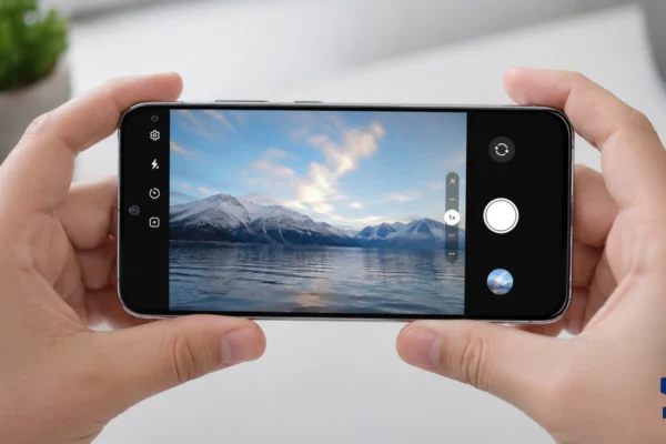 Samsung Galaxy A57 held with two hands in landscape mode while the camera app is open but frozen on the screen, shown on a clean table with a blurred plant in the background.
