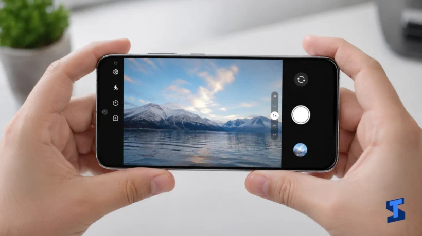 Samsung Galaxy A57 held with two hands in landscape mode while the camera app is open but frozen on the screen, shown on a clean table with a blurred plant in the background.