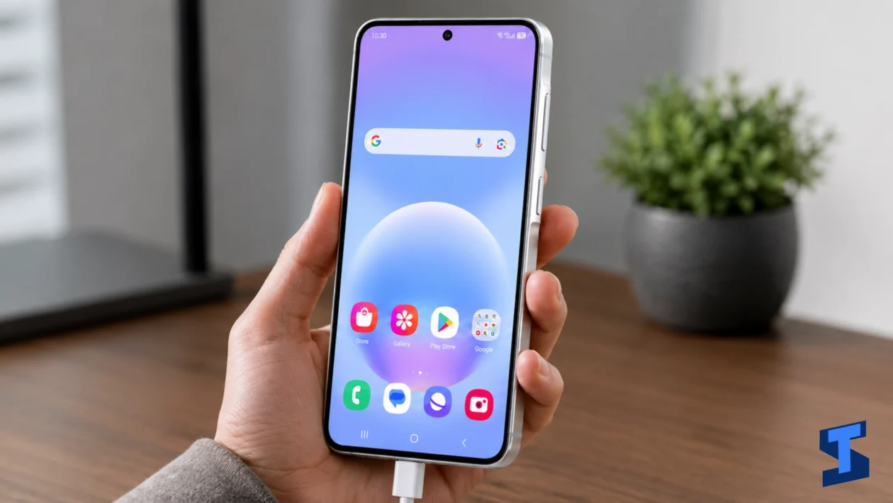 Samsung Galaxy A57 held in one hand while charging with a wired cable, showing the home screen, centered punch-hole camera, slim bezels, and raised side island for the volume and power buttons on a clean table with a blurred plant in the background.