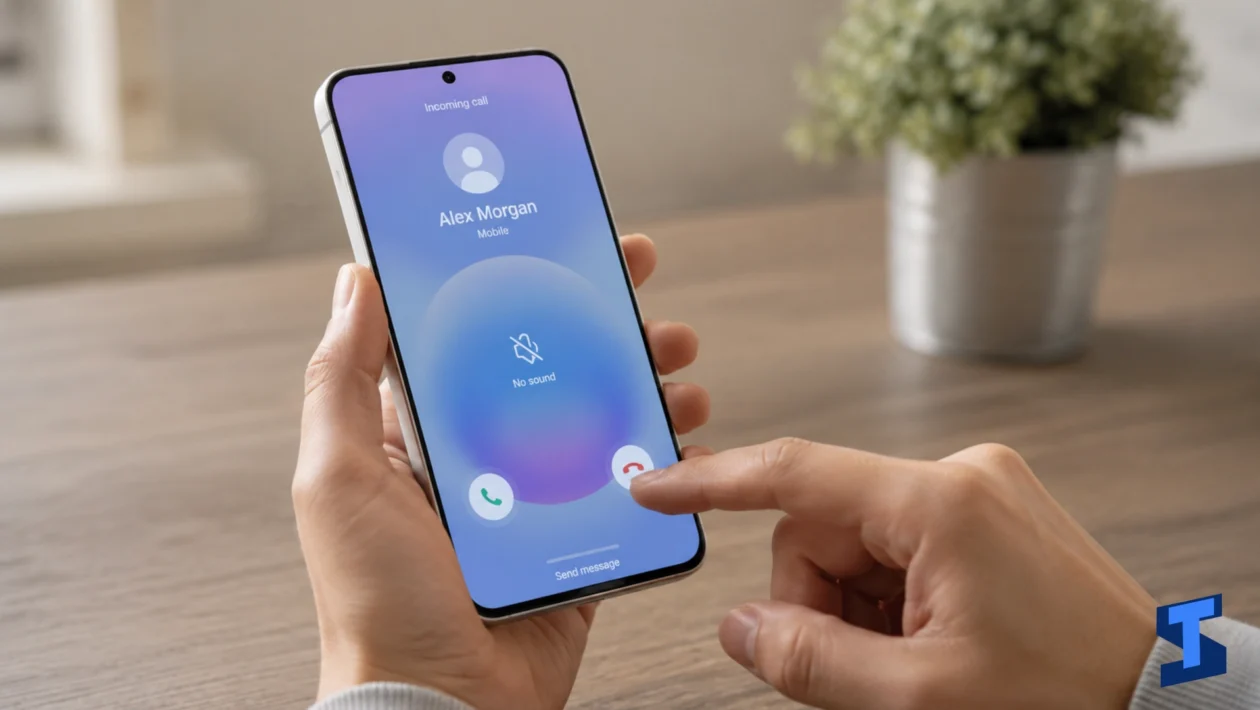 Samsung Galaxy A57 held in one hand during an incoming call with no sound shown on the screen, while a user taps the call controls on a clean table with a blurred plant in the background.
