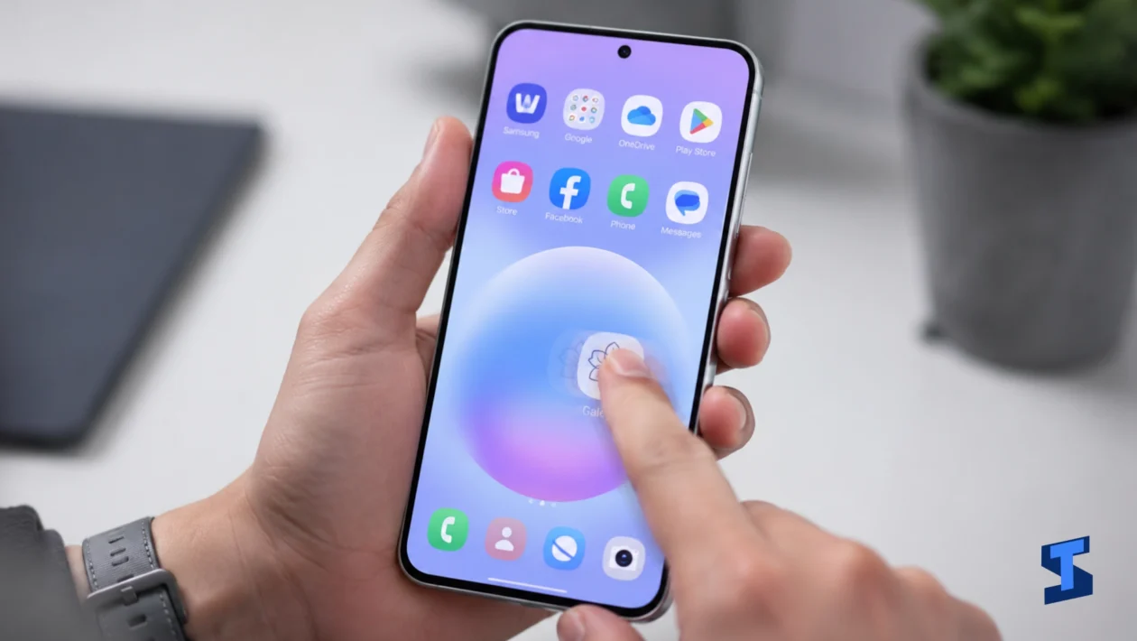 Galaxy A57 lagging while a user taps an app icon on the home screen, with the phone held in one hand on a clean table and a blurred plant in the background.