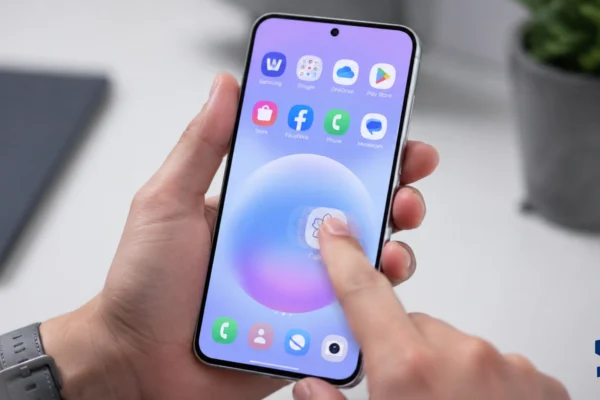Galaxy A57 lagging while a user taps an app icon on the home screen, with the phone held in one hand on a clean table and a blurred plant in the background.