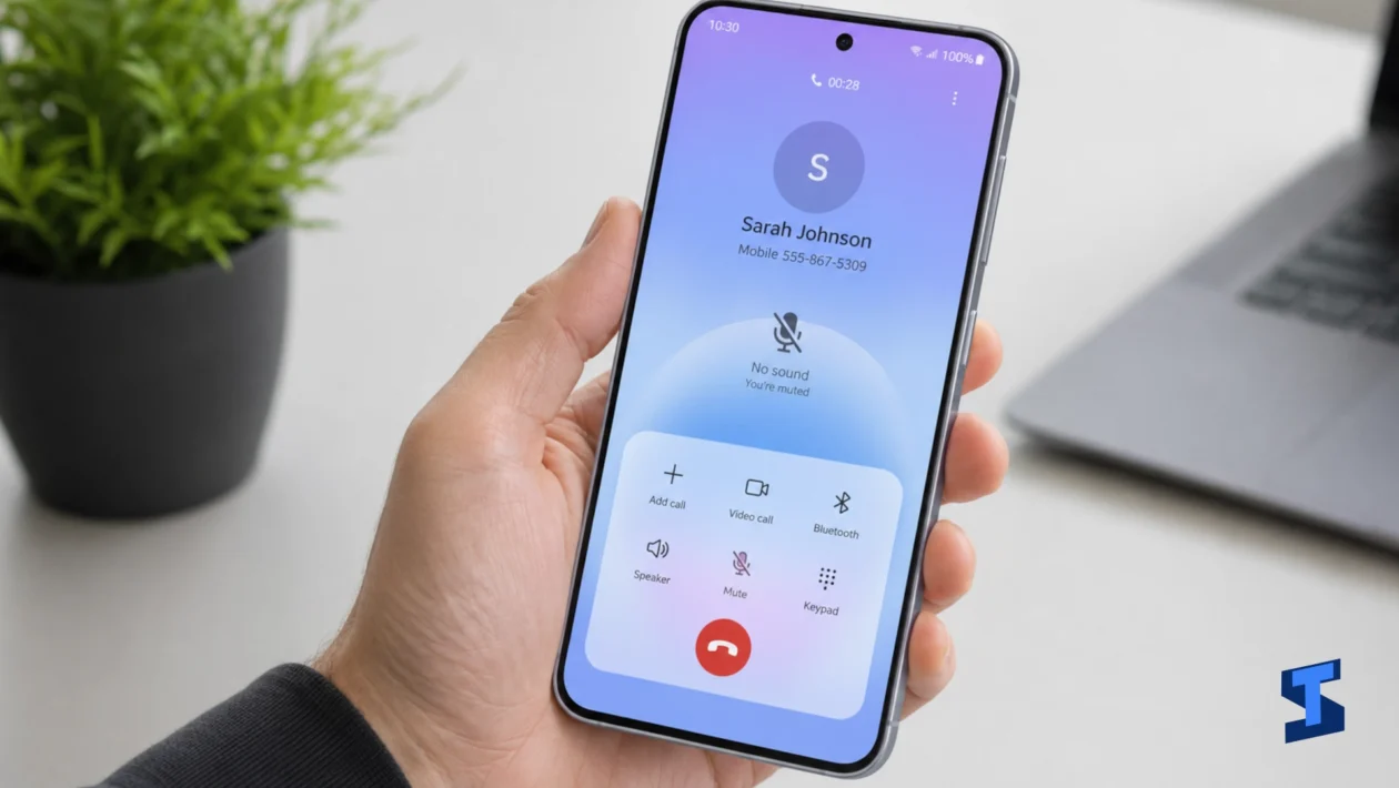 Galaxy A57 no sound issue shown during an active phone call, with the phone held in one hand and the call screen displaying a muted audio indicator on a clean table with a blurred plant in the background.
