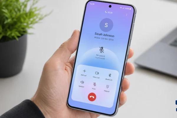 Galaxy A57 no sound issue shown during an active phone call, with the phone held in one hand and the call screen displaying a muted audio indicator on a clean table with a blurred plant in the background.