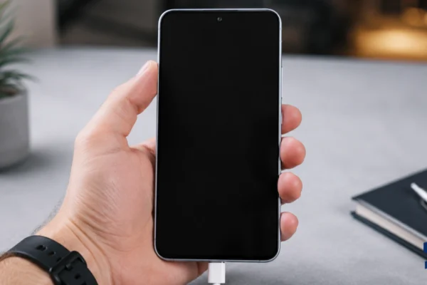 Galaxy A57 not charging while held in a user’s hand, with a charger connected but the screen staying black on a clean table with a blurred plant in the background.