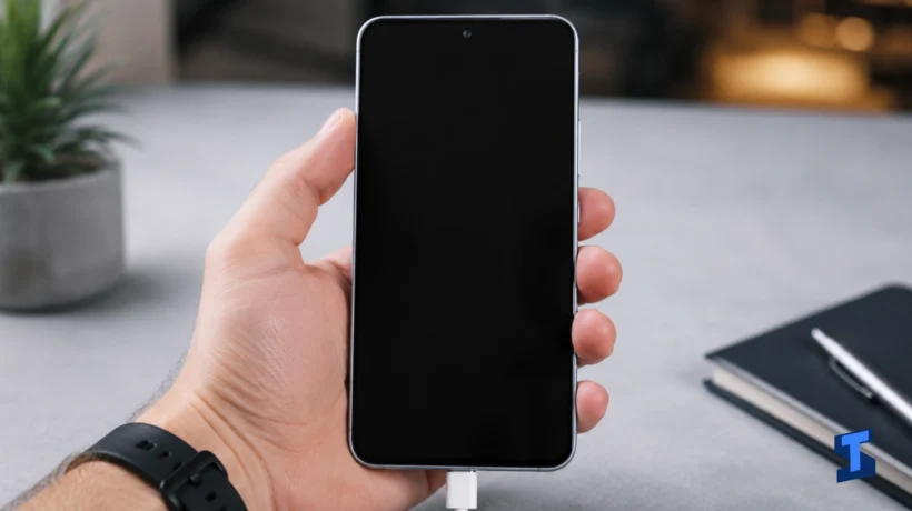 Galaxy A57 not charging while held in a user’s hand, with a charger connected but the screen staying black on a clean table with a blurred plant in the background.