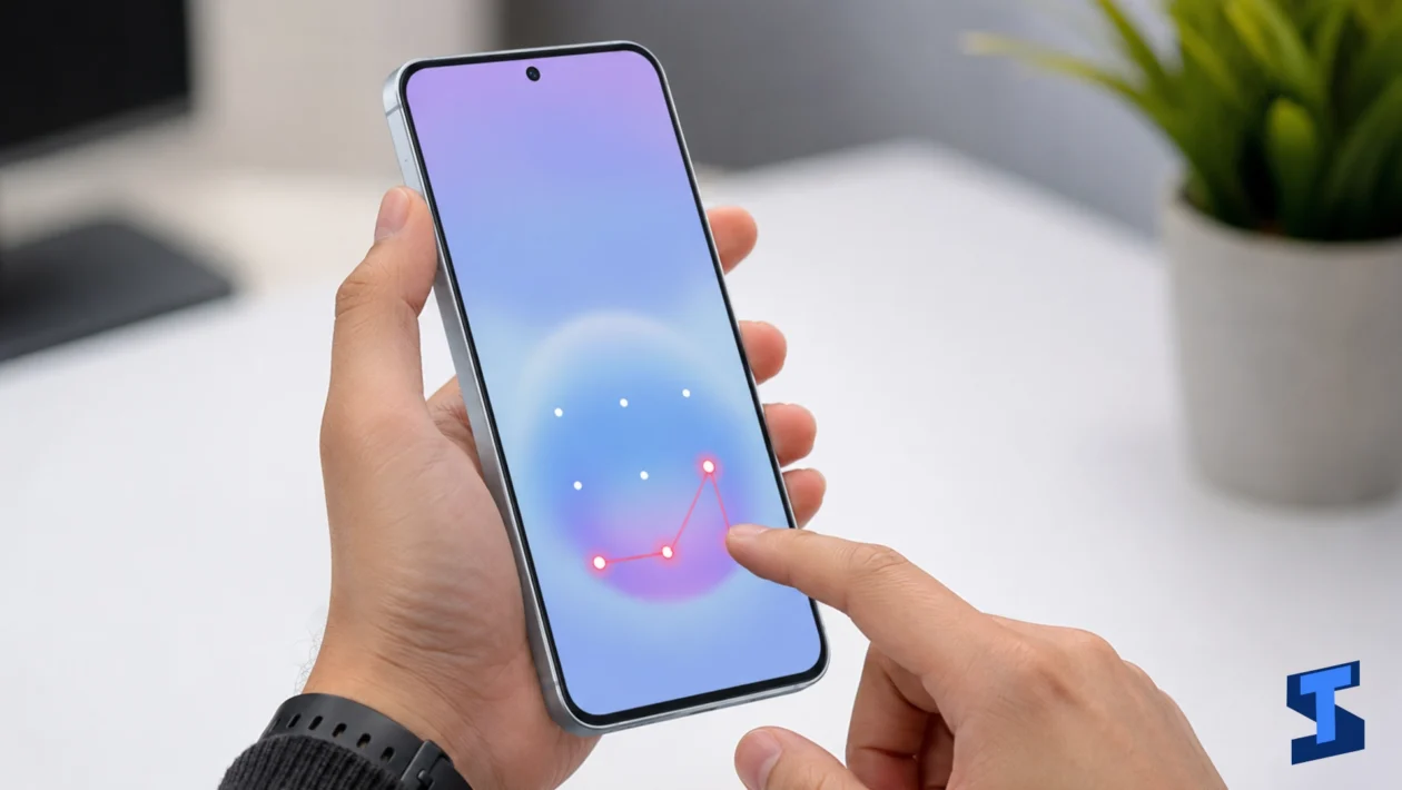 Samsung Galaxy A57 held in a user’s hand from a left-side angle while the user draws a pattern unlock attempt that is not recognized, with the screen facing the camera on a clean table and a blurred plant in the background.