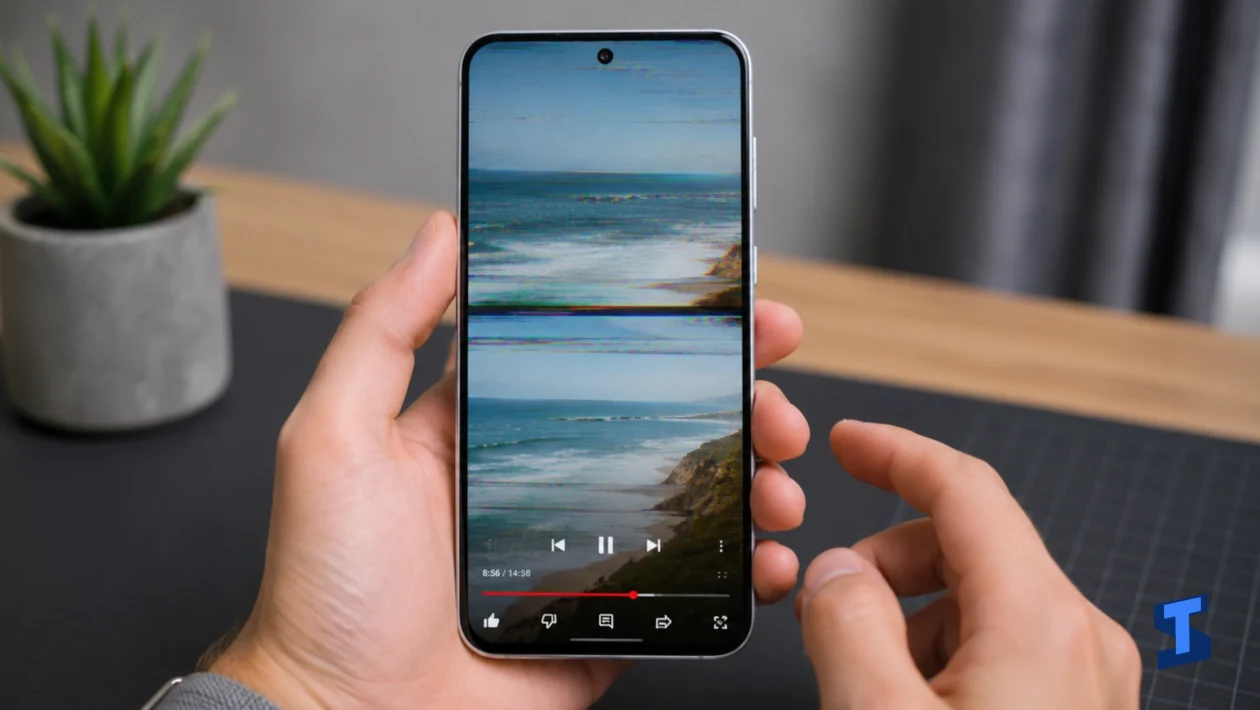 Galaxy A57 screen flickering while a user watches a YouTube video, shown in hand on a clean table with a blurred plant in the background.