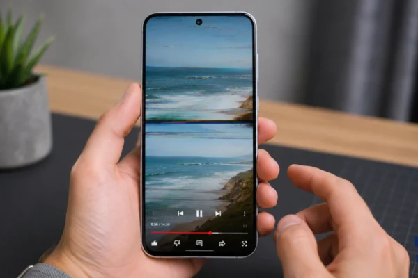 Galaxy A57 screen flickering while a user watches a YouTube video, shown in hand on a clean table with a blurred plant in the background.