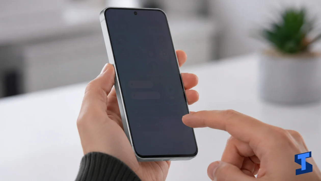 Samsung Galaxy A57 held in a user’s hand from a left-side angle with the screen appearing too dim to view clearly on a clean table with a blurred plant in the background.
