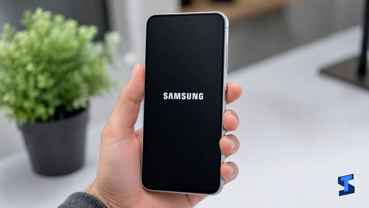 Galaxy A57 stuck on samsung logo while being held in one hand, showing a black screen with the Samsung logo centered on a clean table with a blurred plant in the background.