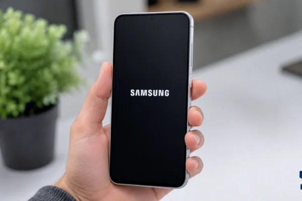 Galaxy A57 stuck on samsung logo while being held in one hand, showing a black screen with the Samsung logo centered on a clean table with a blurred plant in the background.