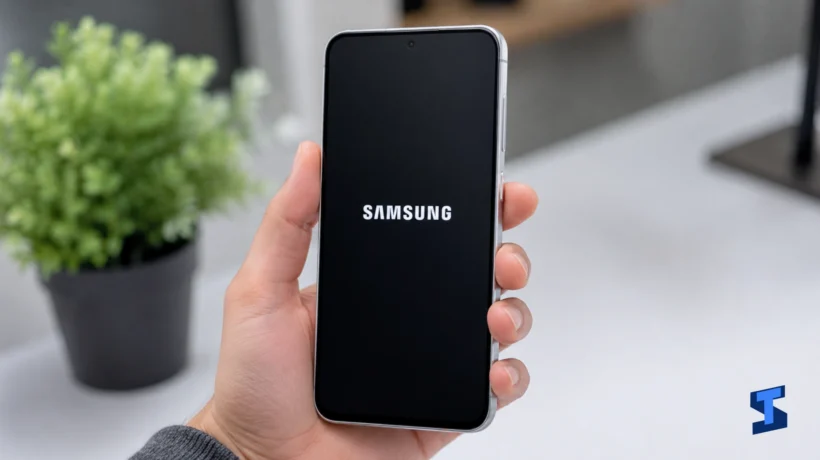 Galaxy A57 stuck on samsung logo while being held in one hand, showing a black screen with the Samsung logo centered on a clean table with a blurred plant in the background.