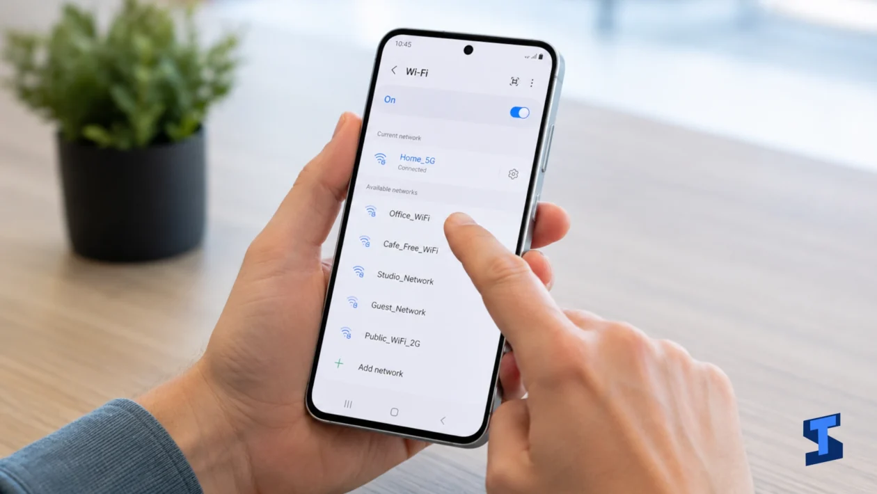 Samsung Galaxy A57 held in one hand while a user taps the Wi-Fi settings screen to connect to a network, showing available wireless networks on a clean table with a blurred plant in the background.