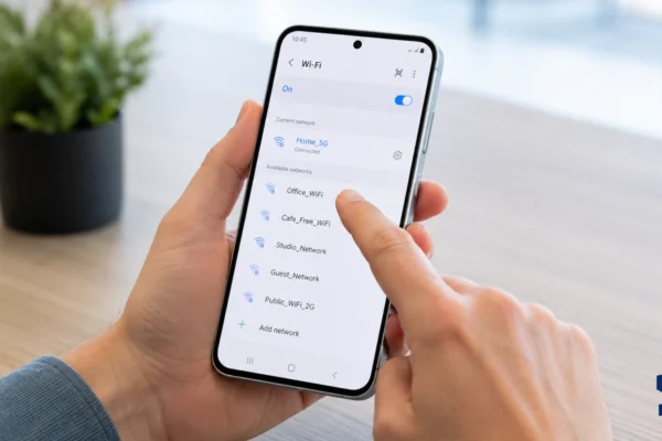 Samsung Galaxy A57 held in one hand while a user taps the Wi-Fi settings screen to connect to a network, showing available wireless networks on a clean table with a blurred plant in the background.
