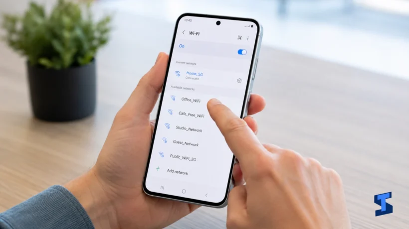 Samsung Galaxy A57 held in one hand while a user taps the Wi-Fi settings screen to connect to a network, showing available wireless networks on a clean table with a blurred plant in the background.