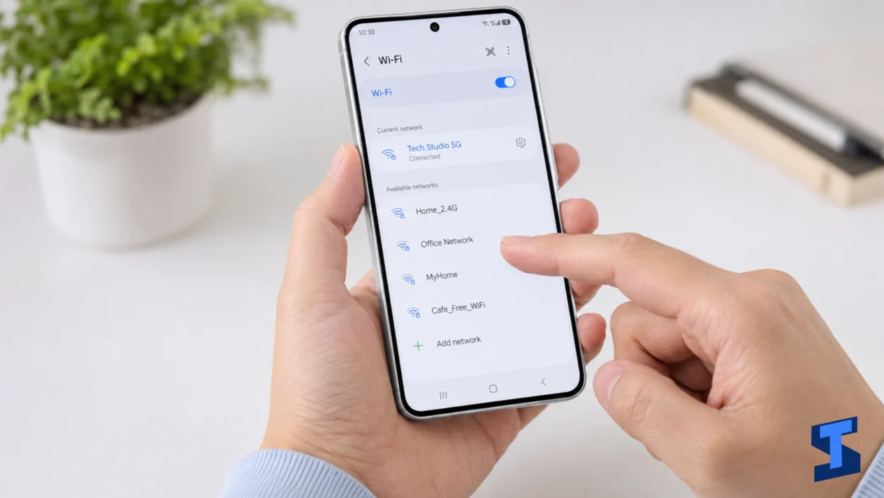 Samsung Galaxy A57 held in one hand while a user taps the Wi-Fi settings screen to connect to a wireless network, with a centered punch-hole camera, slim bezels, and raised side button island visible on a clean table with a blurred plant in the background.