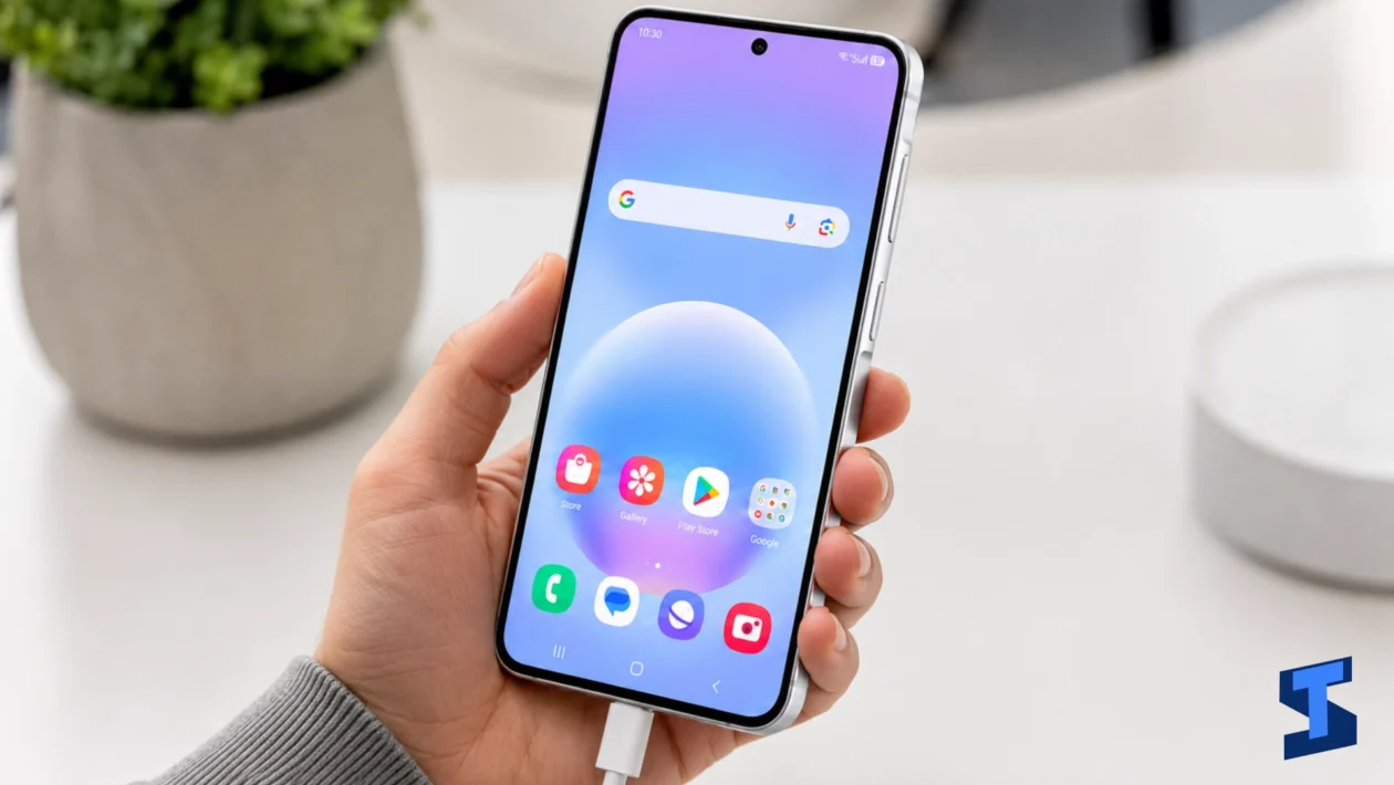 Samsung Galaxy A57 held in one hand while charging with a wired cable, showing the home screen, centered punch-hole camera, slim bezels, and raised side island for the volume and power buttons on a clean table with a blurred plant in the background.