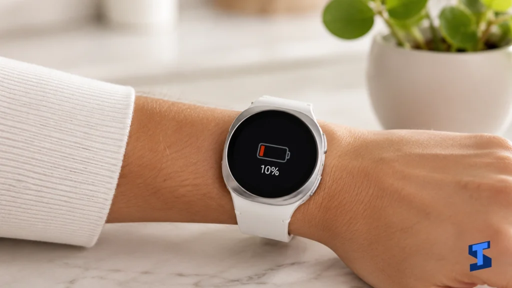 Samsung Galaxy Watch8 Problems and Fixes 2 Galaxy Watch8 problems and fixes shown with the smartwatch worn on a user’s wrist displaying a low battery warning.