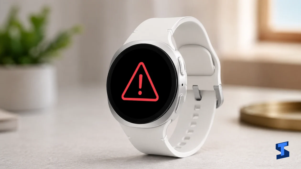 Galaxy Watch8 problems and fixes shown with a red warning alert on the smartwatch screen while placed on a clean counter.