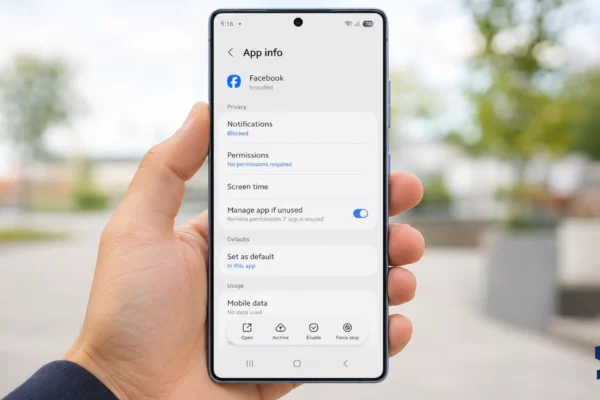 The owner views Facebook’s App info screen on a Galaxy S26 Ultra, showing notification, permission, unused app management, mobile data, archive, enable, and force stop controls.