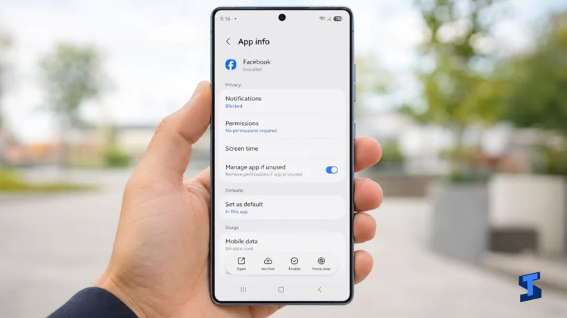 The owner views Facebook’s App info screen on a Galaxy S26 Ultra, showing notification, permission, unused app management, mobile data, archive, enable, and force stop controls.