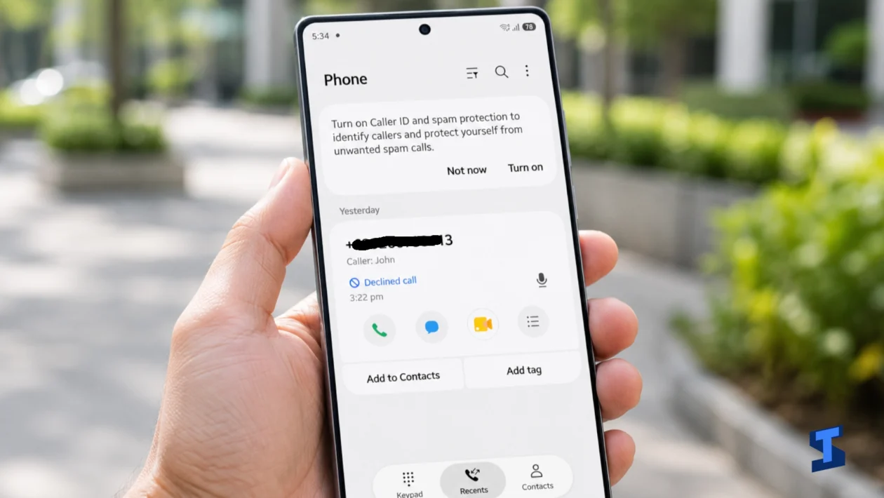 The owner holds a Galaxy S26 Ultra outdoors while viewing the Phone app, which shows a declined call, call history details, and options to call, message, or start a video call.