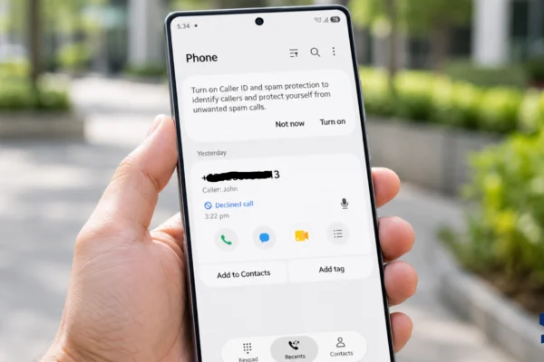 The owner holds a Galaxy S26 Ultra outdoors while viewing the Phone app, which shows a declined call, call history details, and options to call, message, or start a video call.