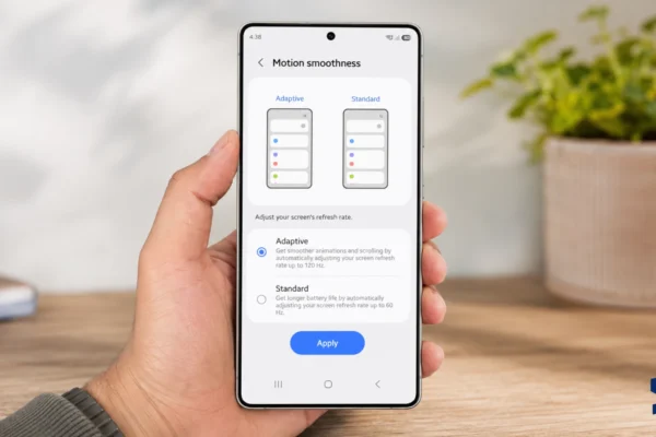 The owner holds a Galaxy S26 Ultra displaying the Motion smoothness settings, with Adaptive refresh rate up to 120Hz selected and Standard 60Hz mode shown below.