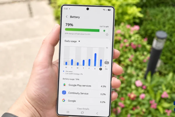 The owner holds a Galaxy S26 Ultra displaying the Motion smoothness settings, with Adaptive refresh rate up to 120Hz selected and Standard 60Hz mode shown below.