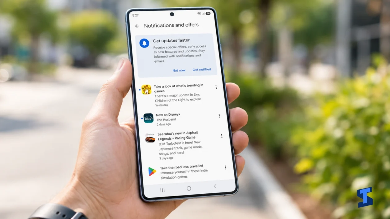 The owner holds a Galaxy S26 Ultra outdoors while viewing the Notifications and offers screen, which displays a prompt to receive updates faster and several recent Google Play alerts.