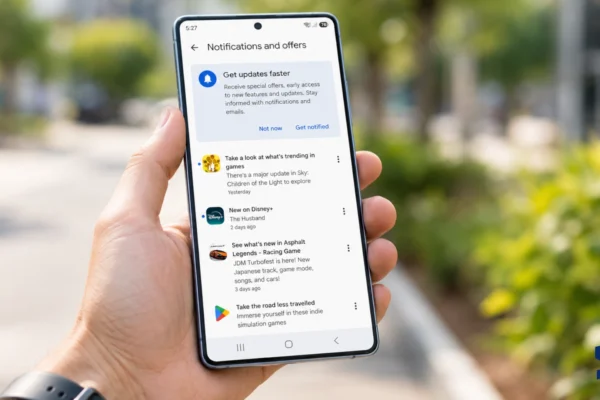The owner holds a Galaxy S26 Ultra outdoors while viewing the Notifications and offers screen, which displays a prompt to receive updates faster and several recent Google Play alerts.