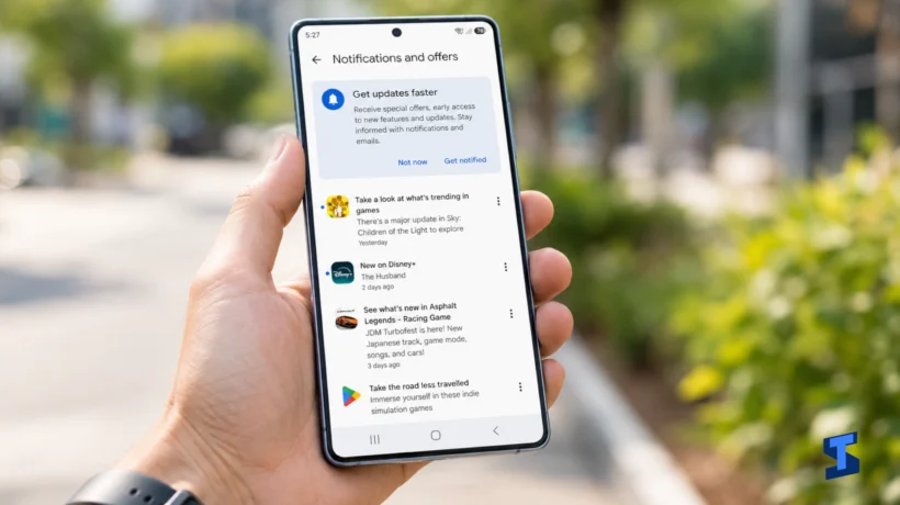 The owner holds a Galaxy S26 Ultra outdoors while viewing the Notifications and offers screen, which displays a prompt to receive updates faster and several recent Google Play alerts.
