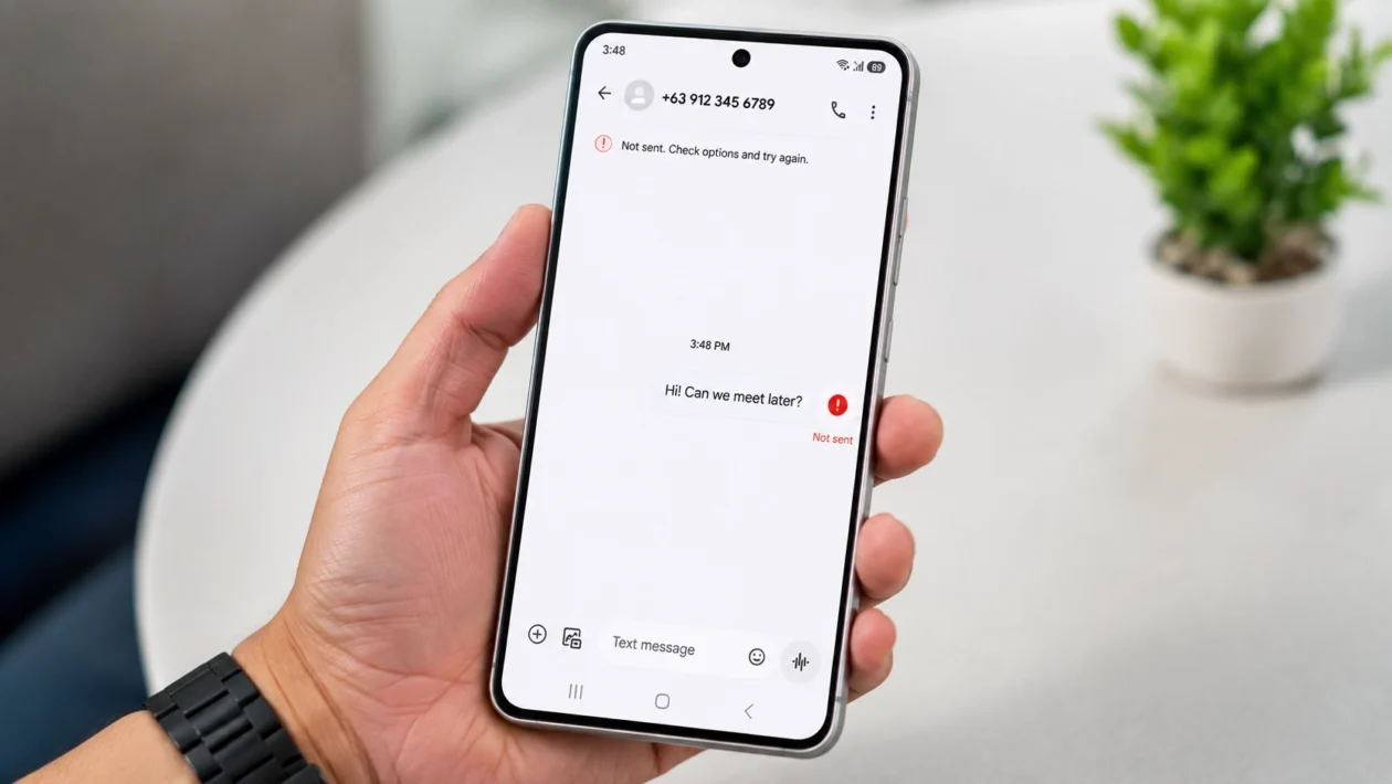 Samsung Galaxy phone held in one hand on a clean table, showing a text message conversation with a failed outgoing message, a red warning icon, and a “Not sent” error, with soft lighting and a blurred small plant in the background.